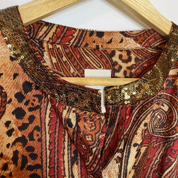 Chicos Fall Tone Paisley Sequin Collar Tie Front Satin Blouse - Picture 3 of 12
